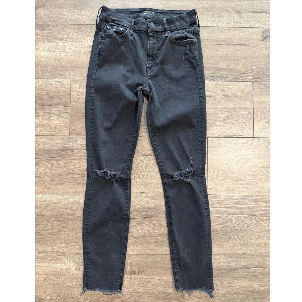 MOTHER Looker Ankle Fray Jeans Black Distressed High‎ Rise Skinny Leg Size 25